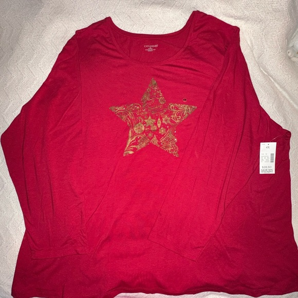 Catherines Tops - Catherines Red Long Sleeve Top with Gold Star 4X